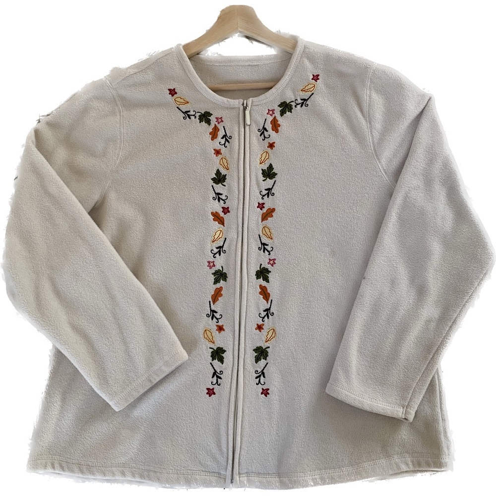 Autumn Leaves White Zip-Up Fleece Cardigan Vintage